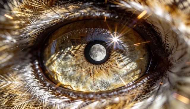 Avian eye reflecting full moon with feather texture and starburst highlights, macro detail