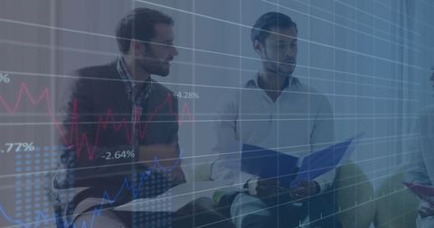 Business Team Discussing Data with Digital Graph Overlay