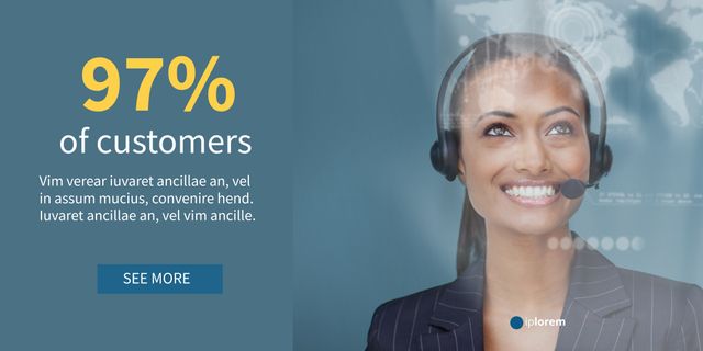 Smiling customer service representative wearing a headset with digital overlay graphics in the background. Ideal for illustrating modern customer support environments, call center services, assistance roles, technology integration in customer service, and promoting business communication solutions.