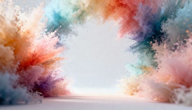 Ethereal Color Powder Burst Framing Glowing White Corridor with Expansive Negative Space