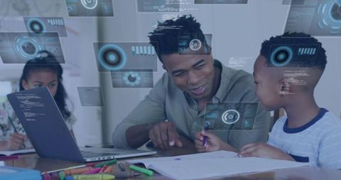 Father guiding children with laptop and holographic AR overlays at home study table