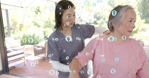 Caregiver assisting senior woman on patio with telehealth network overlay for home care