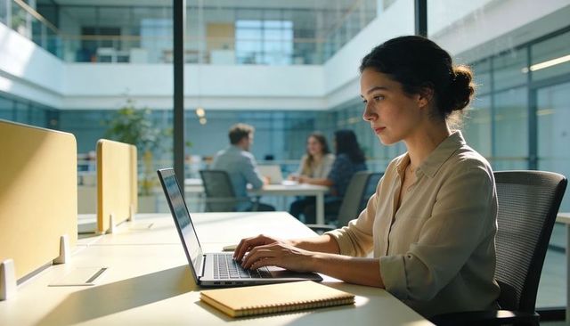 Woman typing on laptop in modern office atrium, working in collaborative open-plan workspace