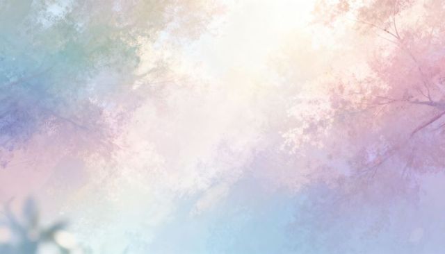 Glowing pastel sunlight bathing treetop canopy with watercolor texture and ethereal glow