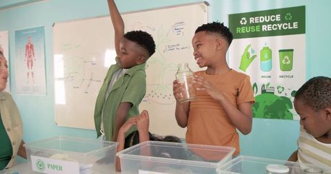 African American Students Sorting Recyclables and Learning Sustainability in Classroom