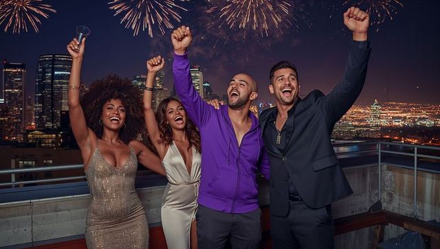 Celebrating new year on rooftop: diverse friends raising glasses under city fireworks
