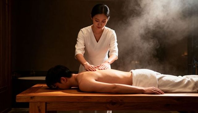 Wellness therapist massaging male client on wooden table with steam for deep relaxation