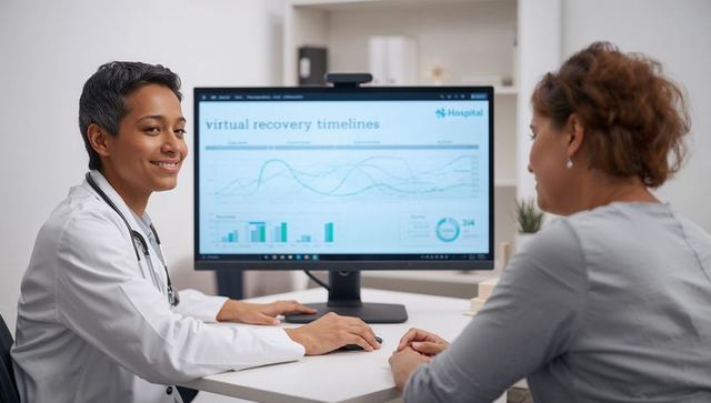 Smiling doctor consulting patient using virtual recovery timeline on clinic computer