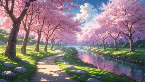 Blossoming anime cherry trees reflecting in a serene stream