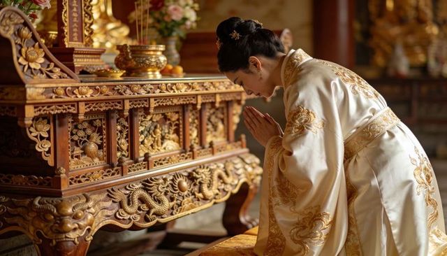 Asian woman kneeling at ornate temple shrine in embroidered silk robe with gold hairpin