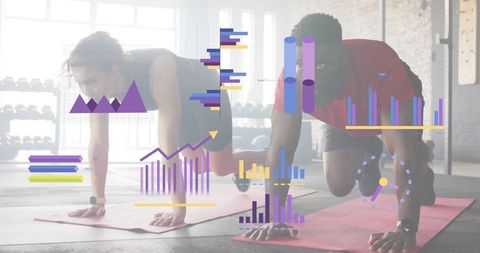 Partners performing plank with wearable fitness trackers and data overlays in studio gym