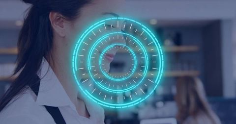 Barista with Holographic Interface in Modern Café Setting