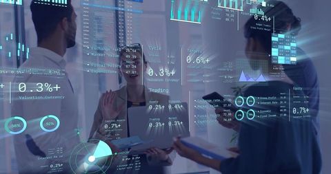 Diverse team collaborating and analyzing market data on glass with holographic finance dashboards