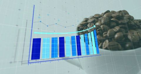 3d business growth chart with upward arrow and trendline over coffee beans for analytics