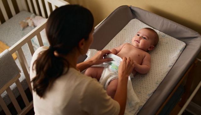 Nurturing diaper change: attentive mother adjusting diaper on smiling newborn changing pad