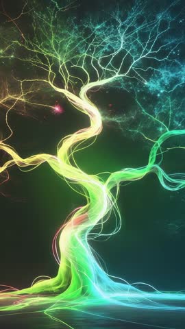 Morphing Neon Tree Radiating Colorful Ribbons and Particles in Cosmic Void — Vertical Video