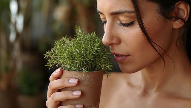 Woman holding terracotta pot smelling fresh herb, closeup wellness moment with natural glow