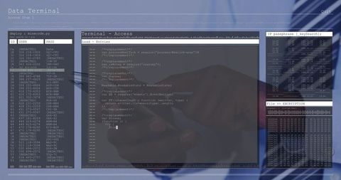 Holding smartphone and tapping touchscreen with terminal code overlays for cybersecurity
