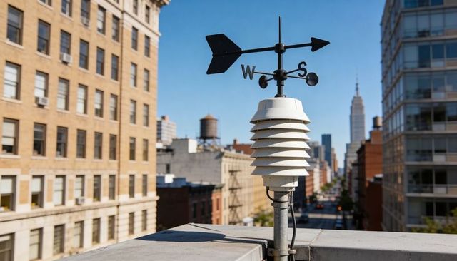 Urban rooftop weather station measuring wind and temperature with louvered radiation shield