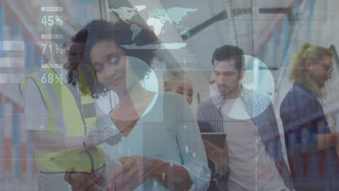 Multiracial Team Analyzing Data with Digital Interfaces