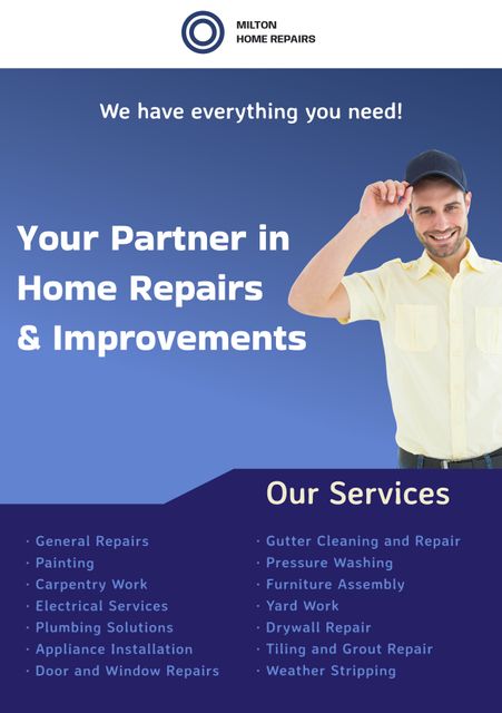 Handyman presenting various home repair and improvement services including general repairs, painting, carpentry, electrical, plumbing, cleaning, and appliance installation. Useful for ads or promotions focusing on home maintenance, handyman services, and seasonal promotional campaigns.