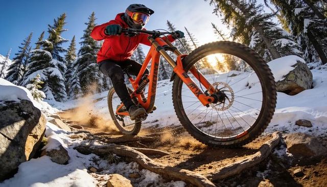 Riding mountain bike through snowy rocky alpine trail at golden sunrise action shot