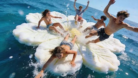 Teens jumping and splashing on giant flower float in sunny ocean waters