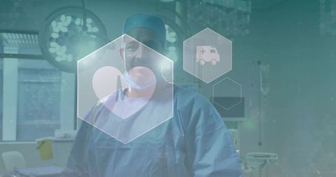 Surgeon in operating room wearing blue scrubs mask at neck with holographic heart overlay
