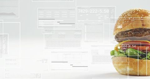 Sesame burger displaying augmented data overlay and minimal ui panels with copy space