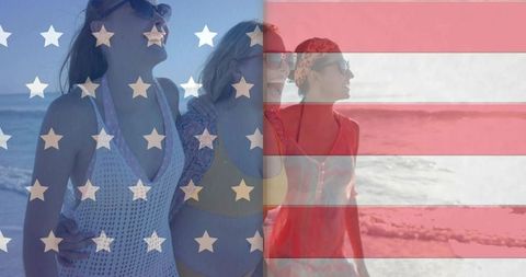 Three friends walking on beach in swimwear with american flag overlay celebrating summer