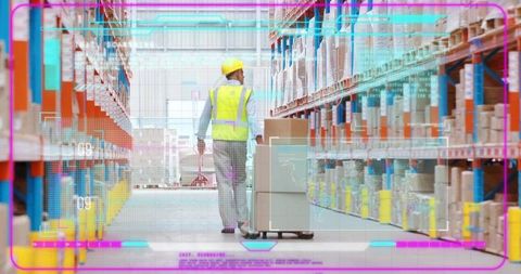 Warehouse worker walking aisle pushing pallet jack wearing hard hat and vest, hud overlay