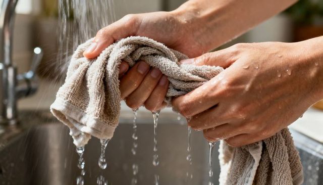Wringing wet kitchen towel over sink hands squeezing water from cloth dripping