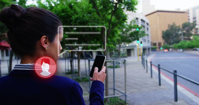 Woman Using Phone on Urban Street with Messaging Notification - Download Free Stock Images Pikwizard.com