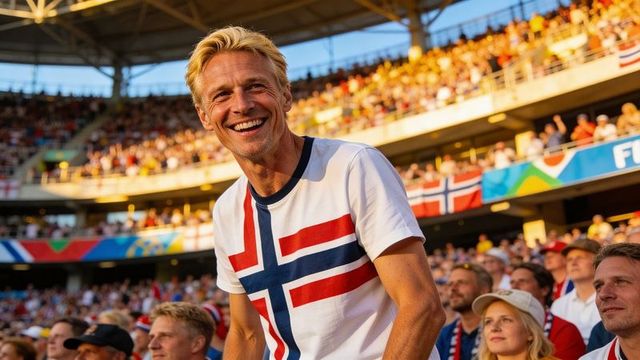 Smiling norwegian fan cheering in stadium wearing flag t-shirt and waving hand-flag