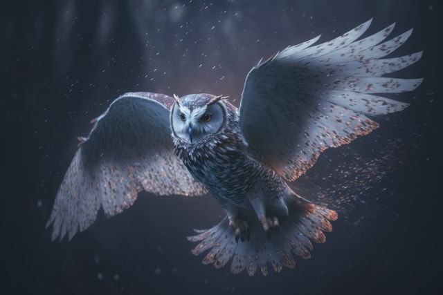 Owl flying through dimly lit forest with wings fully spread. Illuminated by moonlight, the owl carries an intense and focused look. Powerful image suitable for themes of wildlife, nocturnal animals, mystery, and natural beauty. Use in content related to nature, bird watching, and cinematography.