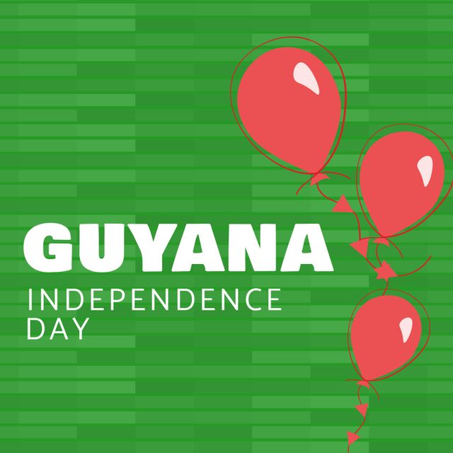 Illustration of guyana independence day text with coral color balloons on green background. vector, copy space, patriotism, celebration, freedom and identity concept.