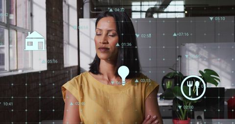 Businesswoman Contemplating Data Insights with Digital Interface Overlays