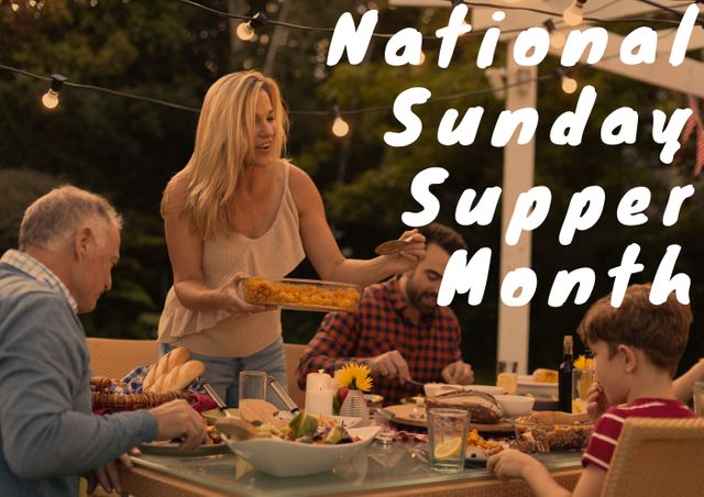 Digital composite image of national sunday supper month text over family enjoying dinner together. lifestyle and celebration.