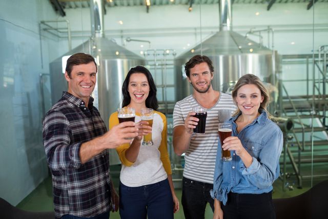 Group of friends enjoying beer tasting in a brewery. They are smiling and holding beer glasses, dressed in casual clothing. The industrial background with brewing equipment adds authenticity. Perfect for use in advertisements for breweries, social events, or articles about beer culture and friendship.