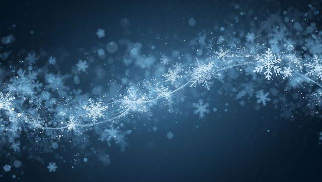 Glowing snowflake ribbon arcing across navy bokeh background with sparkling frost trail