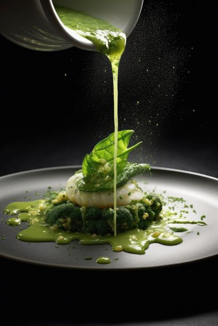 High-end presentation of a gourmet green dish on a black plate. Green sauce is being poured from a white jug, creating an artistic splash around delicately placed ingredients. Ideal for use in food blogs, high-end restaurant promotions, chef portfolios, or gourmet cooking magazines.