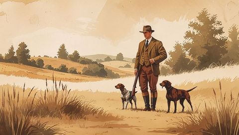 Hunter with pointing dogs animals in countryside landscape