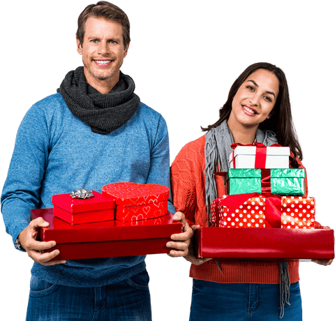 Smiling Couple Holding Gift Boxes with Transparent Background