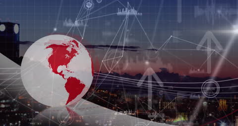 Digital Globe Hologram Over Cityscape with Arrows and Charts