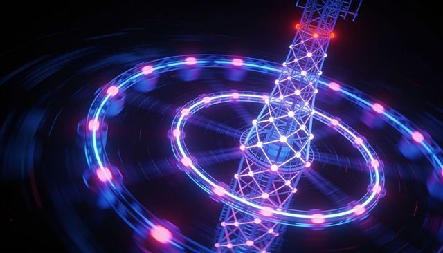 Leaning neon lattice tower spinning with concentric glowing rings and floating orbs