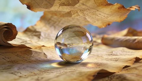 Reflecting crystal sphere resting on aged manuscript with inverted calligraphy and warm light