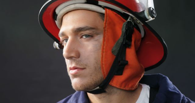Close-up of a male firefighter wearing a safety helmet and uniform, looking composed and confident. Perfect for content related to emergency services, public safety, heroism, career promotion in firefighting, and educational materials on fire safety.