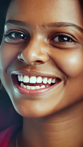 Smiling woman laughing during camera zooming, wearing red top and gold chain, close-up vertical vide