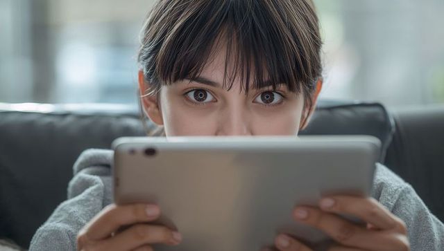 Close-up Teen Girl Holding Tablet Studying Online on Sofa, Focused Young Learner at Home