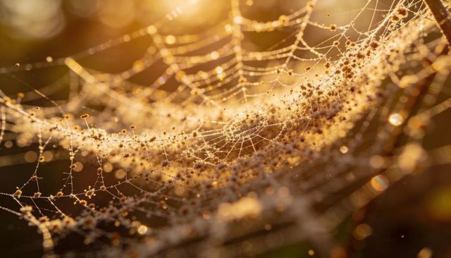 Glistening dew-dusted spider web backlit by golden hour light with pollen bokeh